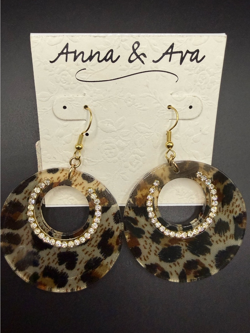 Anna & Ava Leopard Print Gold Tone and Rhinestone Hoop Drop Earrings